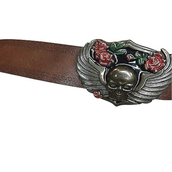 Vintage Y2K Nine West skull & roses brown leather belt & buckle biker motorcycle - Picture 4 of 10